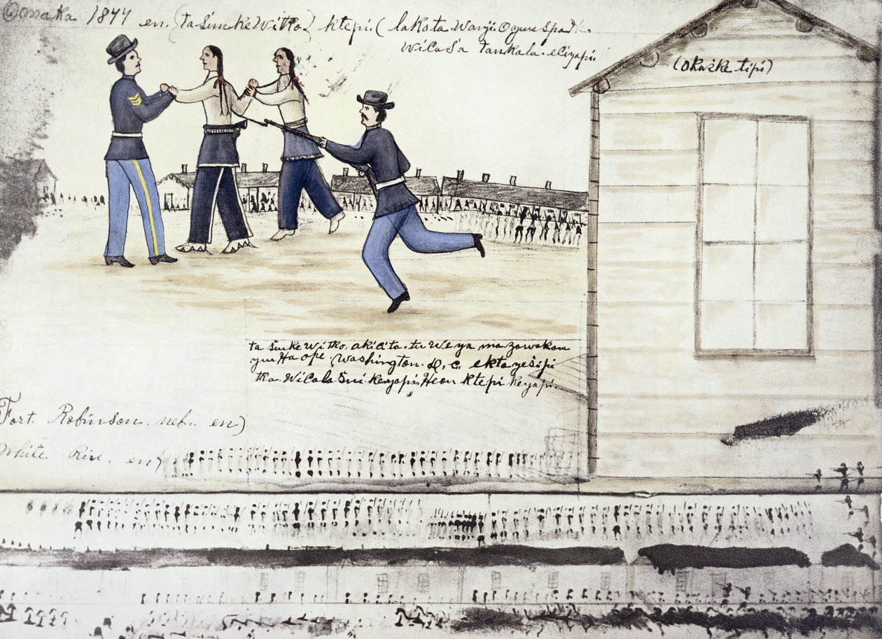 1877年のネブラスカ州フォートロビンソンでのクレイジーホース（1842年〜77年頃）の死（紙にインク） 作： アモスバッドハートバッファロー
