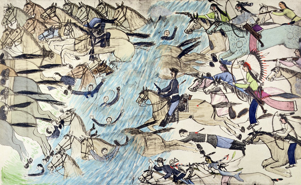 川を横切って運転されている兵士（紙にインク） 作： アモスバッドハートバッファロー
