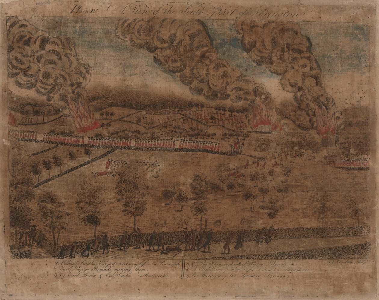 レキシントンとコンコードの戦い: プレート I、レキシントンの戦い、1775 年 4 月 19 日。プレート II、コンコードの町の眺め。 プレート III: コンコードのサウスブリッジでの婚約。 プレート IV: レキシントン南部の眺め。 作： エイモス・ドゥーリトル