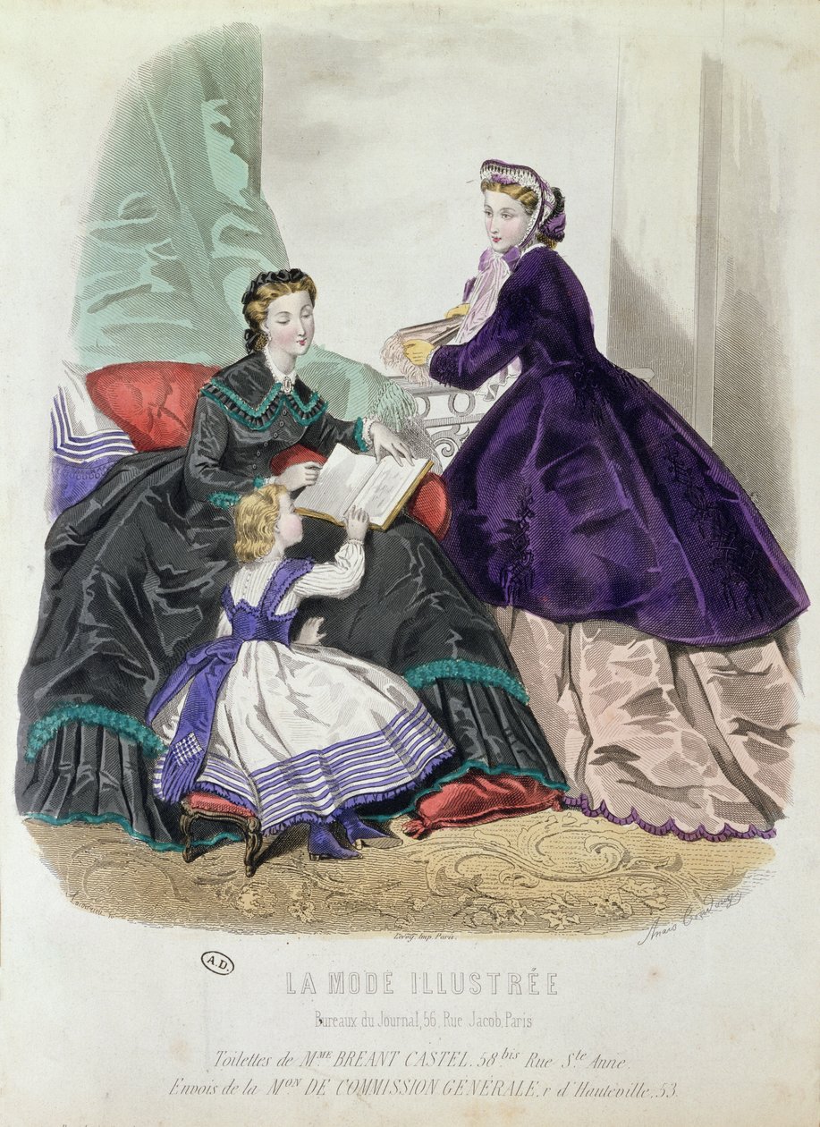 マダムブレントカステルがデザインした服を示すファッションプレート、「La Mode Illustree」、1864年（カラー彫刻） 作： アナイス・トウドウゼ