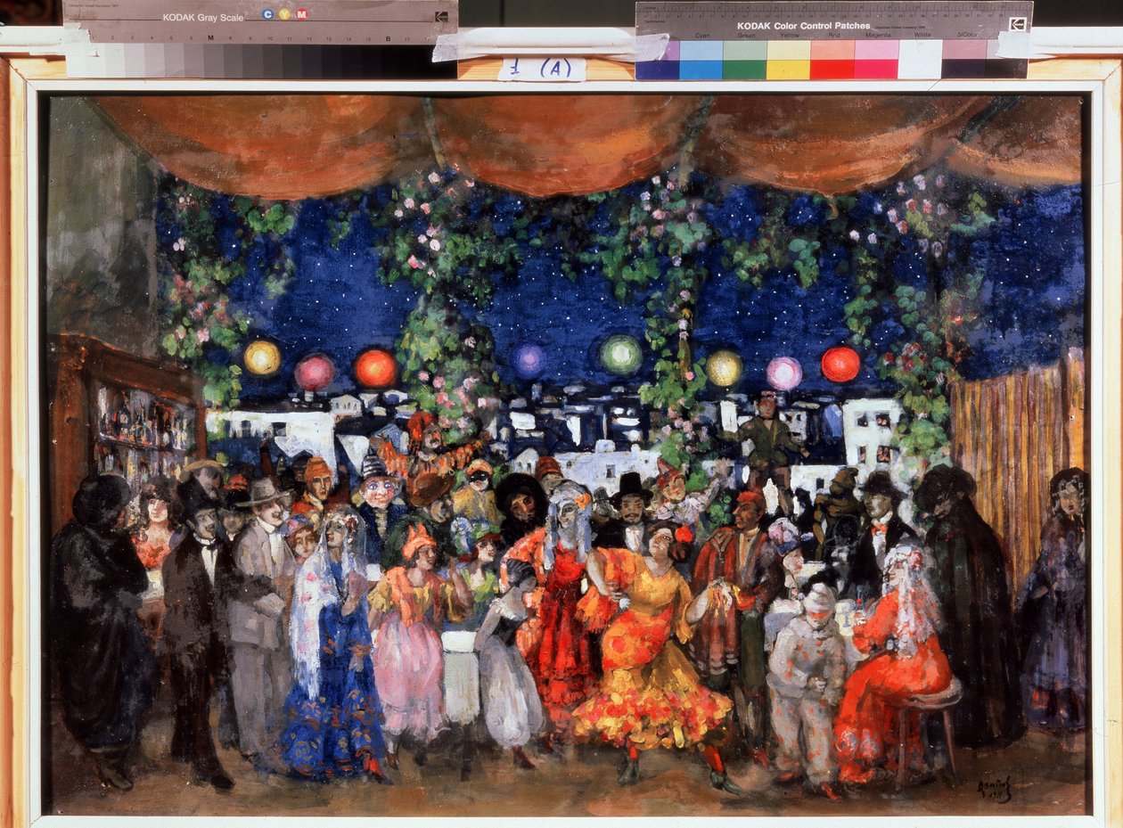 Carnival in Spain（スペインのカーニバル）。 アナトリー・アファナシエビッチ・アラポフ (1876-1949) の絵画。 ボール紙に油彩、68.5 x 98.5 cm 作： アナトリー・アファナシエビッチ・アラポフ