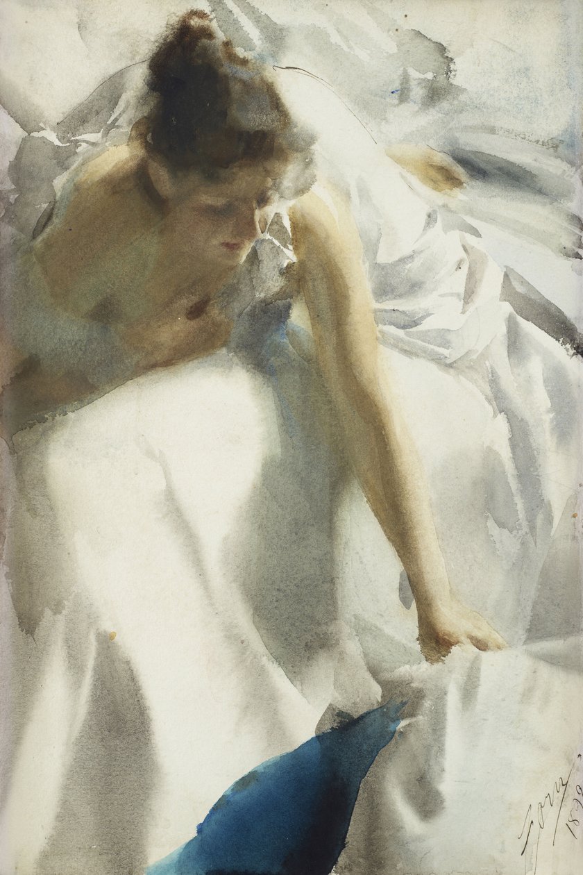 "(Awakening, Boulevard Clichy, Paris) Jeune fille en neglige - Watercolour by Anders Leonard Zorn (1860-1920) 1892 コレクション・プライヴェート 作： レナード・ゾルンは違う