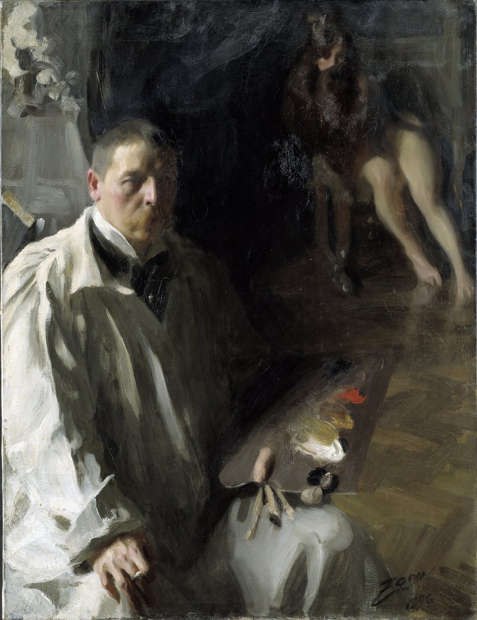 模型を持つ自画像 par Zorn, Anders Leonard (1860-1920).キャンバスに