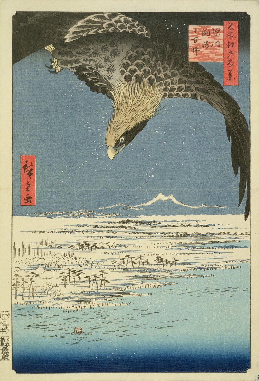 Eagle Over 100,000 Acre Plain at Susaki, Fukagawa (Juman-tsubo), from the series 100 Views of Edo (Meisho Edo hyakkei), pub. by Uoya Eikichi, 1857, (colour woodblock print) (see 65424) 作： 歌川広重