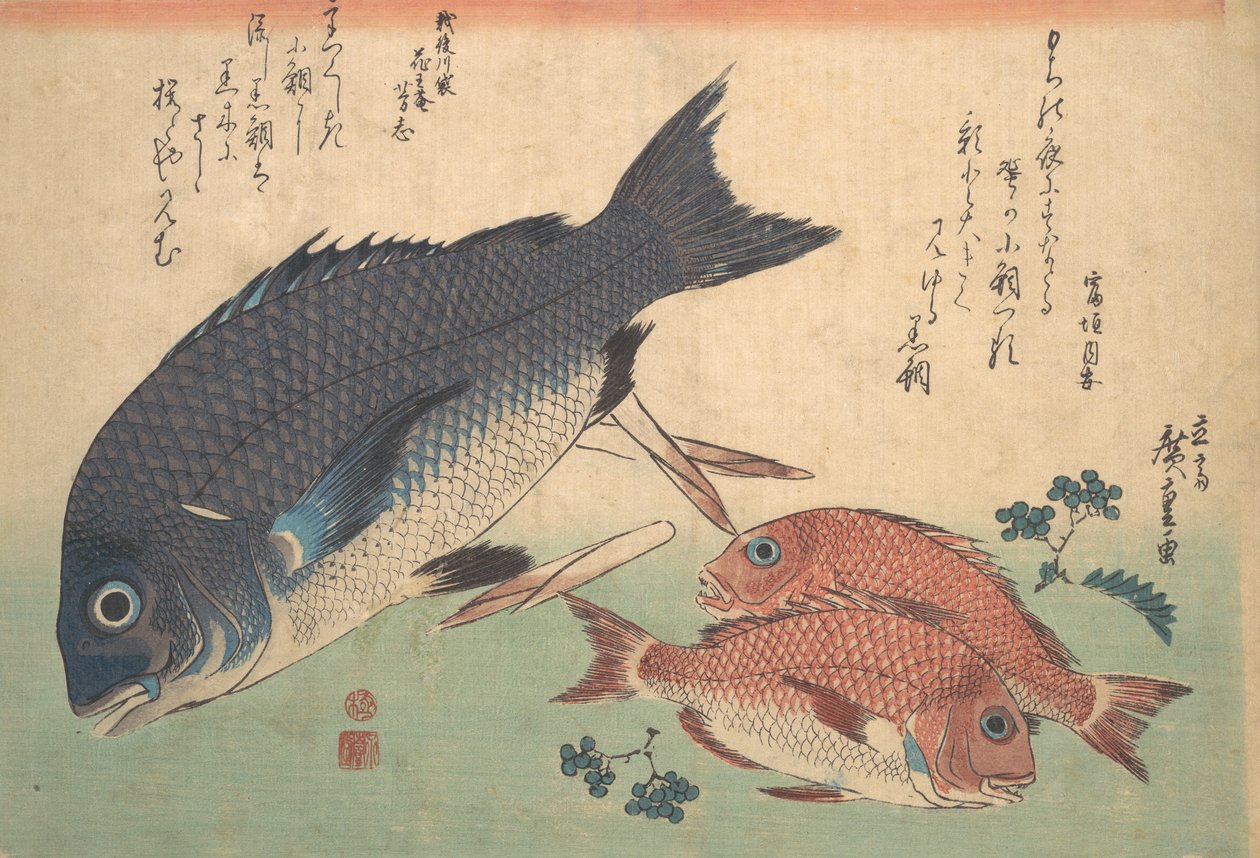 タケノコとベリーを添えたクロダイとコダイの魚、シリーズ「魚づくしのすべての V...」から、1830 年代。 作： 安藤広重