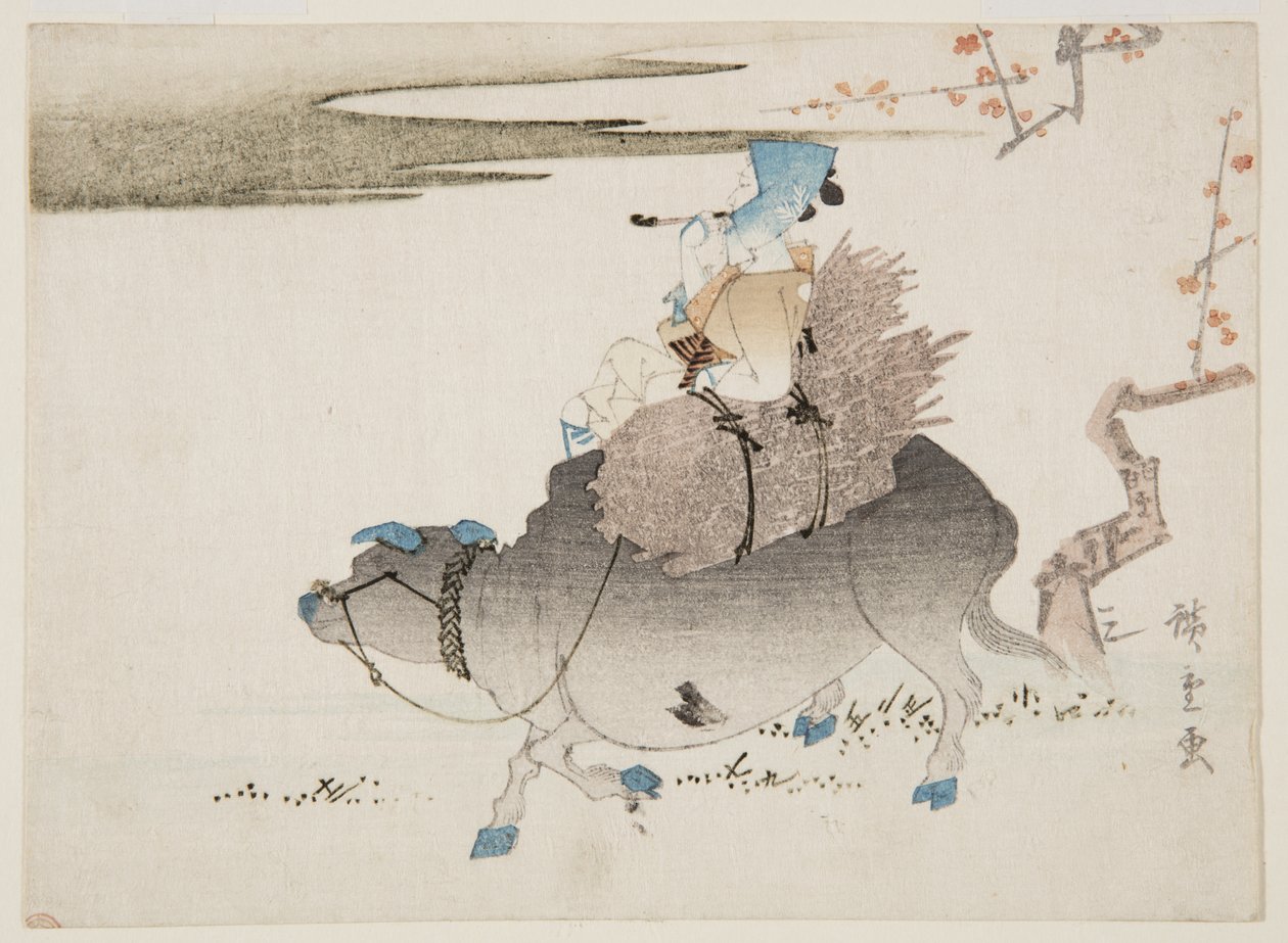 牛飼いと牛（カラー木版画 作： 安藤または歌川広重