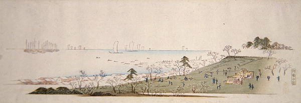 桜の頃、御殿山でピクニックをする人々（カラー木版画 作： 安藤または歌川広重