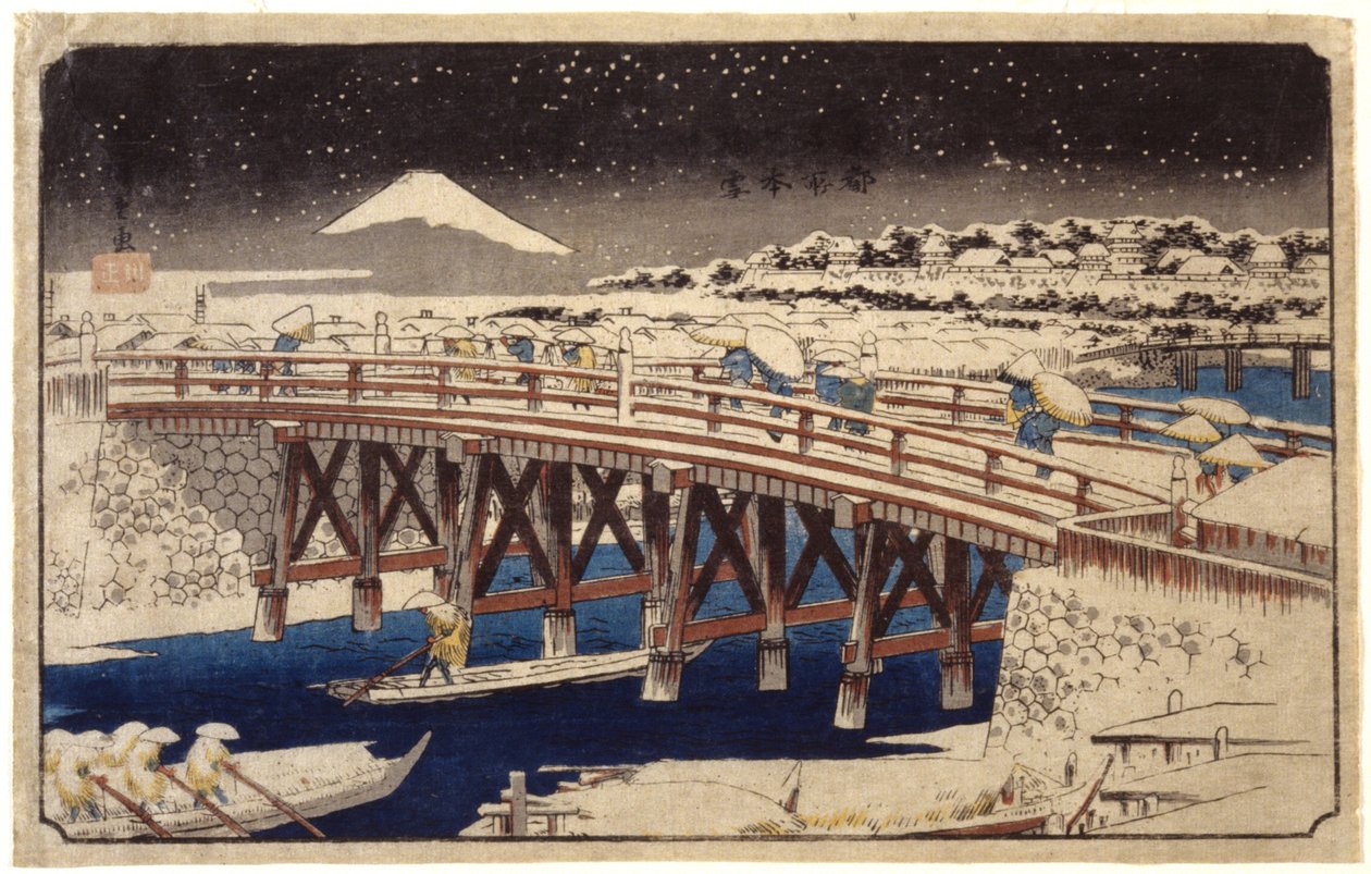 Nihonbashi na neve (impressão em xilogravura colorida) 作： 安藤または歌川広重