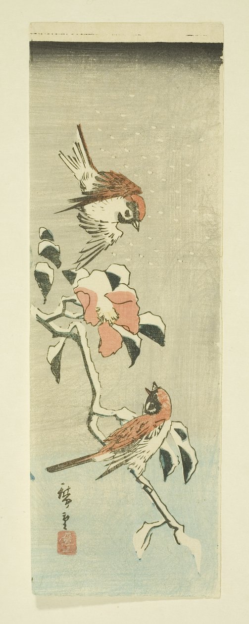 雪の中の雀と椿（カラー木版画