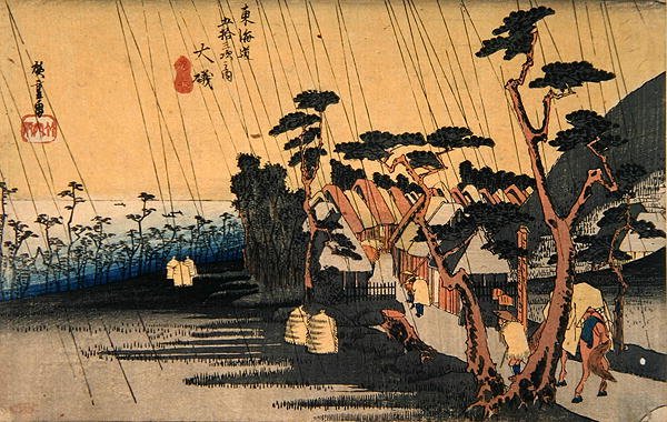 東海道五十三次」シリーズの大磯「驟雨」、1833年～34年（カラー木版画） 作： 安藤または歌川広重