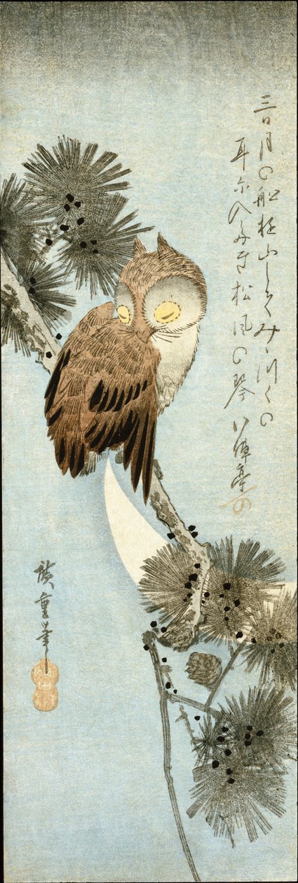 松の枝にとまる三日月とフクロウ 作： 安藤または歌川広重