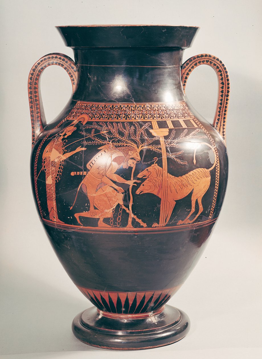 紀元前6世紀（陶器）、アテネからギリシャのケルベロスを捉えたヘラクレスを描いた屋根裏の赤像の腹アンフォラ 作： アンドキデスの画家