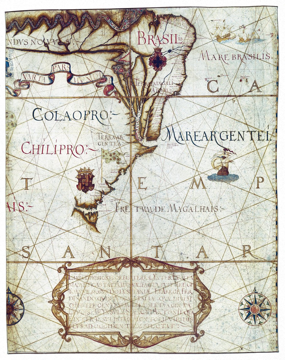 南アメリカの地図、Universa と Navigabilis Totius Terrarum Orbis Descriptio 1559 (カラー原稿) 作： アンドレ・ホームム