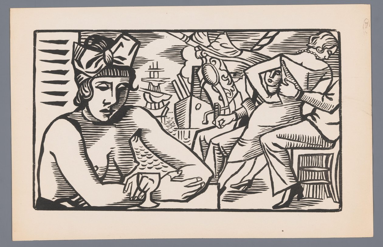 バーで裸の胸の女性 海の情景を描いた木版画6点（シリーズ名） Grand Largue (シリーズタイトル) 作： アンドレ・ロート