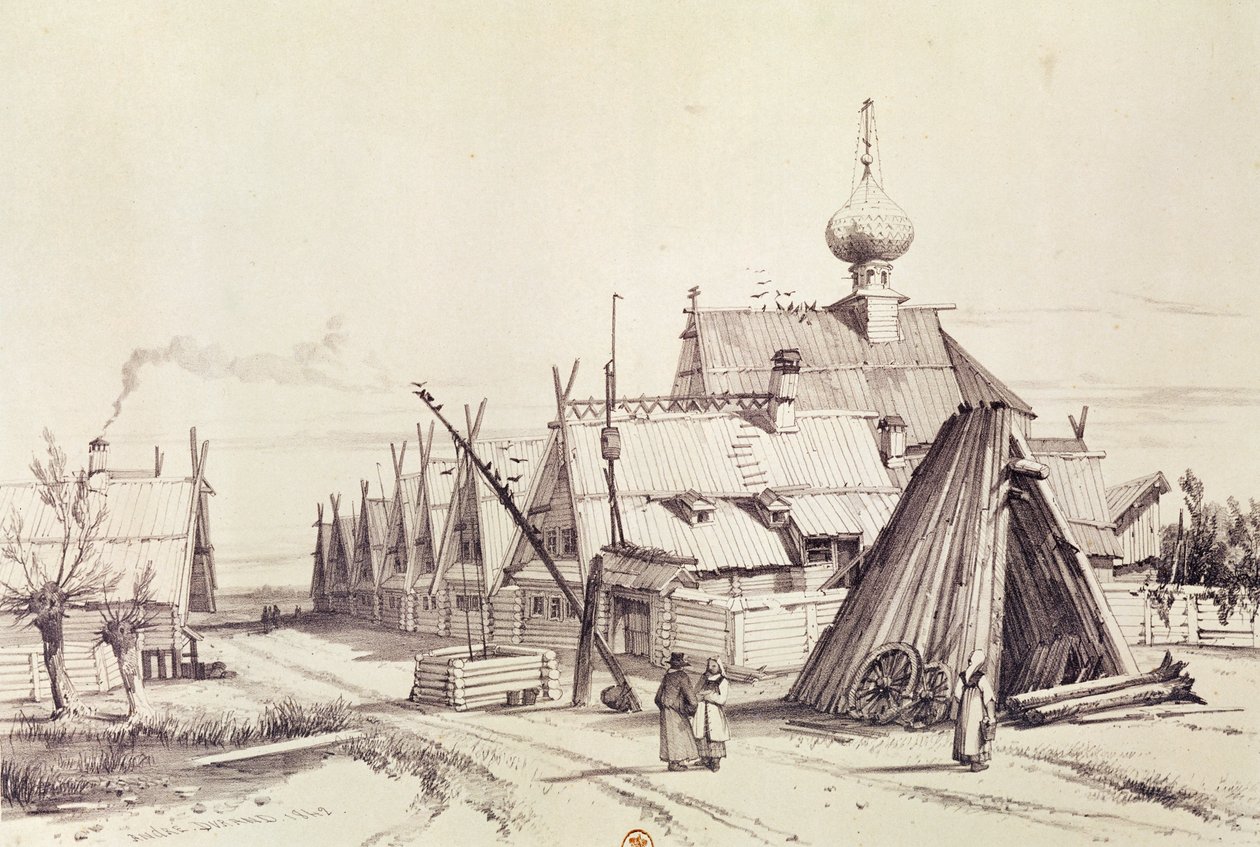 モスクワへ向かう途中の村、イラスト、「ロシアへの絵のような旅」、1839年 作： アンドレ・デュランド