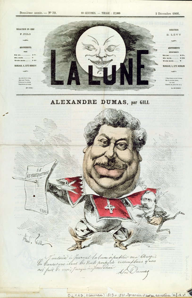 1866年12月2日の雑誌「La Lune」の表紙からの銃士としてのアレクサンドルデュマペレ（1803-70）の風刺画 作： アンドリュー・ギル