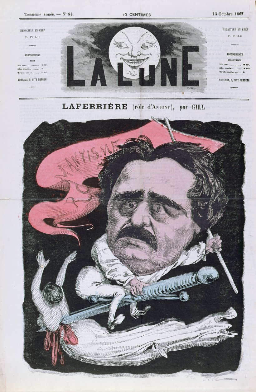 1867年10月13日の雑誌「La Lune」の表紙のAlexandre Dumas pere（1803-70）による同名の戯曲からの、アントニー役の俳優ラフェリエールの風刺画 作： アンドリュー・ギル