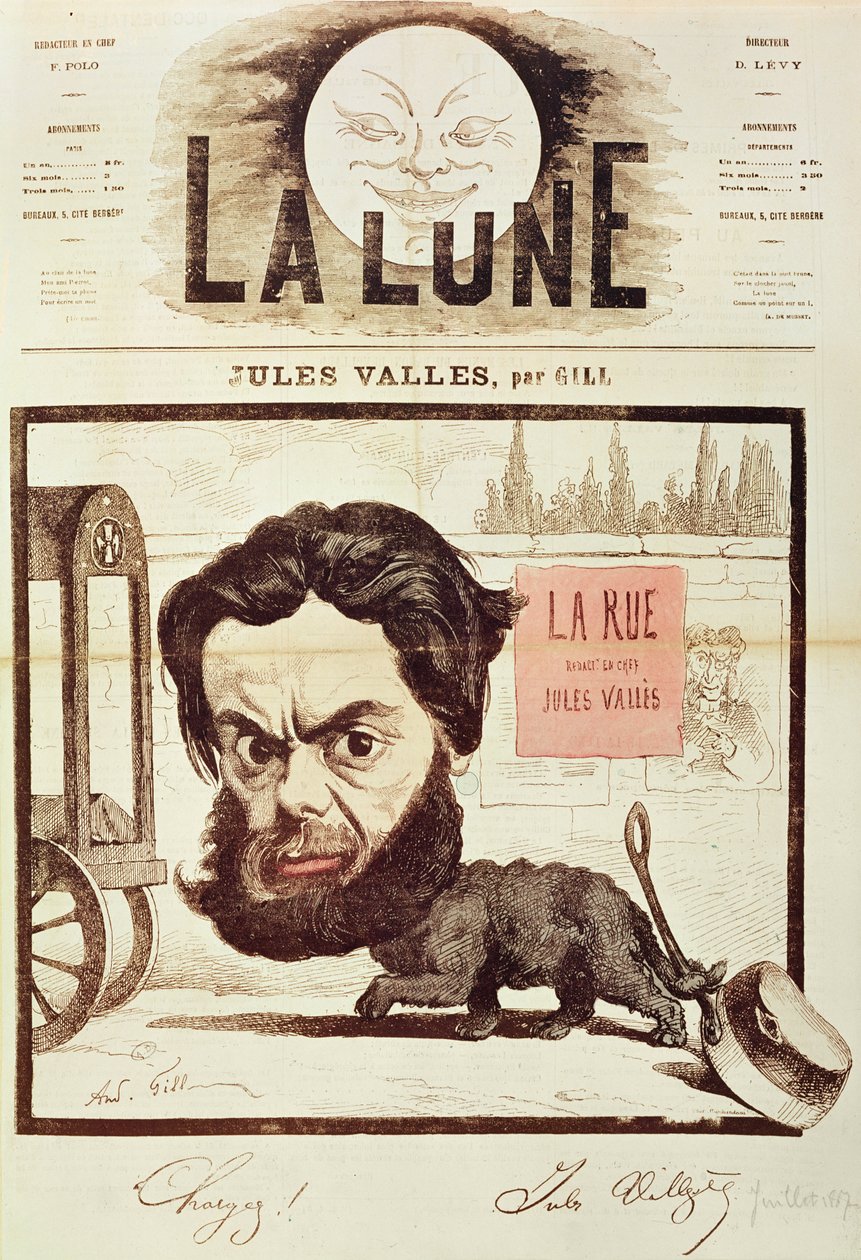 1867年7月、パリのジュールヴァレスと彼の雑誌「ラルー」の風刺画を含む「ラルーン」のフロントページ（カラーリトグラフ） 作： アンドリュー・ギル
