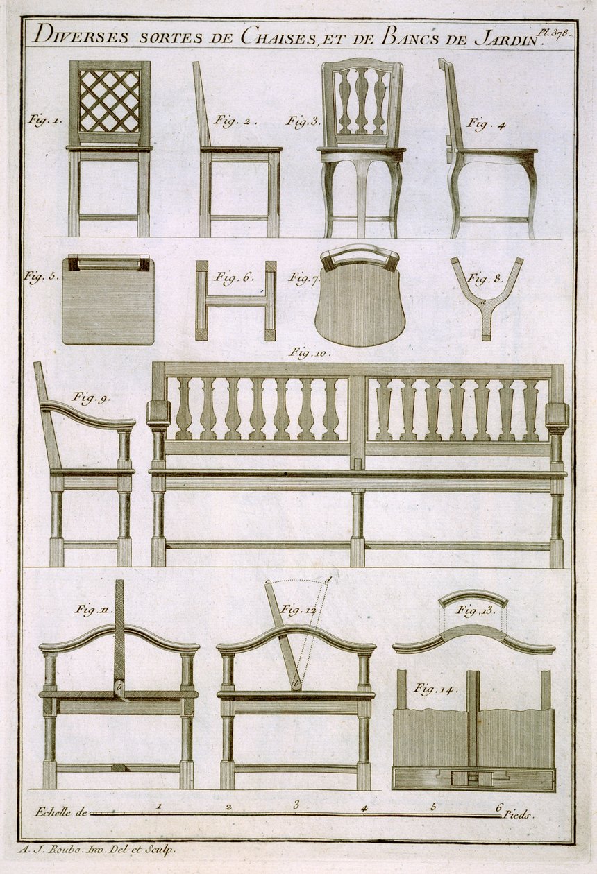 パブLArt du Menuisierの、庭の木製の椅子とベンチのデザイン。 1769-74 作： アンドレ・ジェイコブ・ルーボ