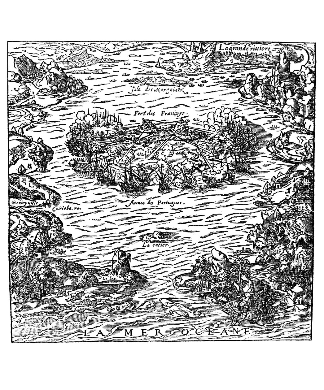 アンドレテヴェトによる「La Cosmographie universelle」からのヴィルガニョン城塞のキャプチャ、1560年頃 作： アンドレ・テベ