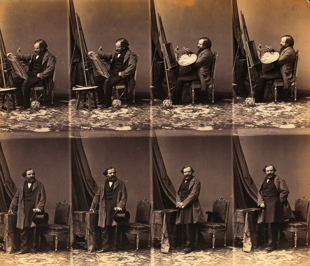 画家Lepualleの肖像：6枚の未カットのcartes de visiteのシート（モノクロ写真 作： アンドレ・アドルフ・ユージン・ディスデリ