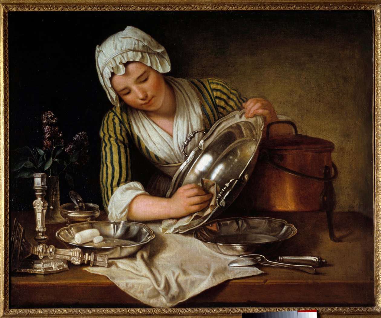 Servante asticant a dish or "La recureuse" Painting by Andre Bouys (1656-1740) 1737年 パリ、装飾芸術 - 家庭の使用人が銀（または「ラ・レキュリューズ」）を磨いている様子。アンドレ・ブイス（1656-1740）の絵画 作： アンドレ・ブイ