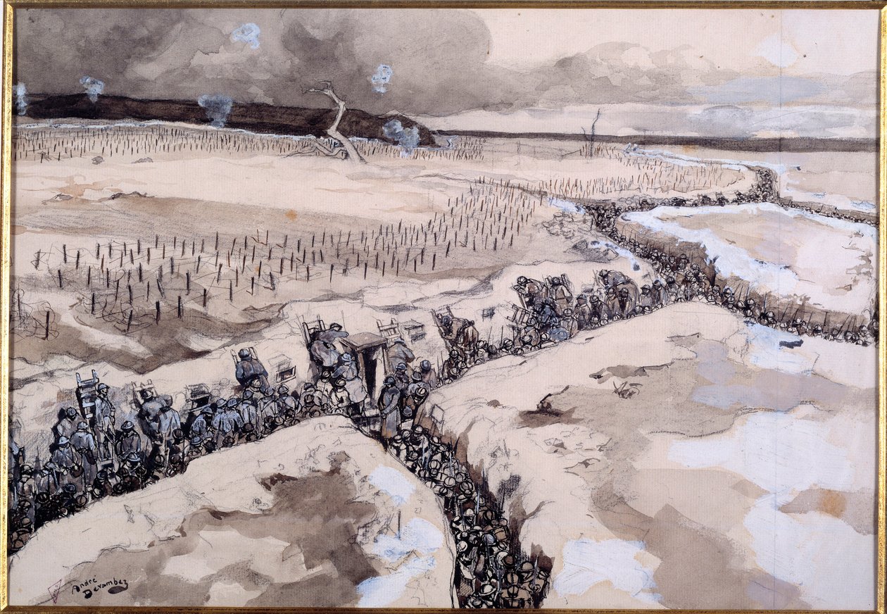攻撃の前に1915年冬、突撃直前の塹壕内の兵士たち（オークレルと鉛筆 作： アンドレ・デバンベス
