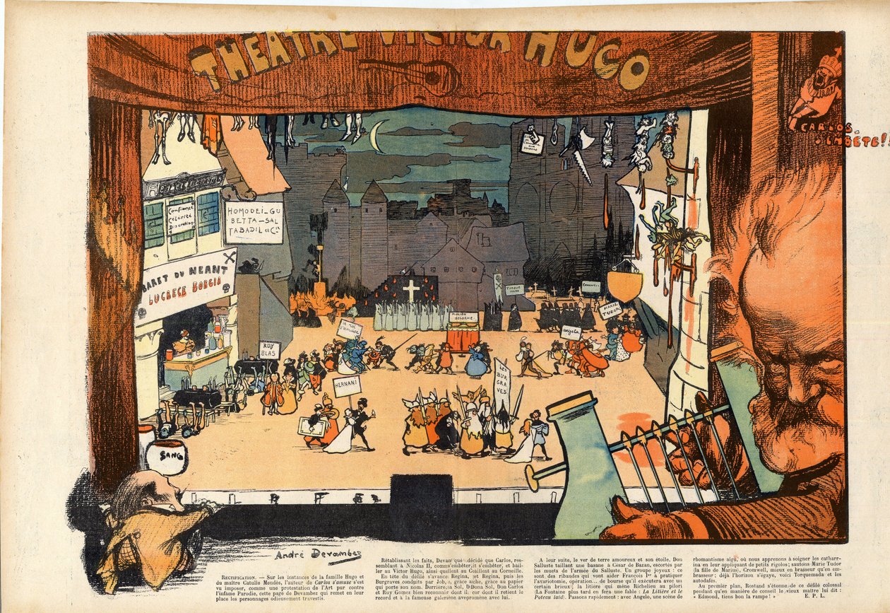 ヴィクトル・ユーゴーの劇場 アンドレ・ドゥヴァンベ（1867-1944）による1902年の「Le rire」での風刺画 作： アンドレ・デバンベス