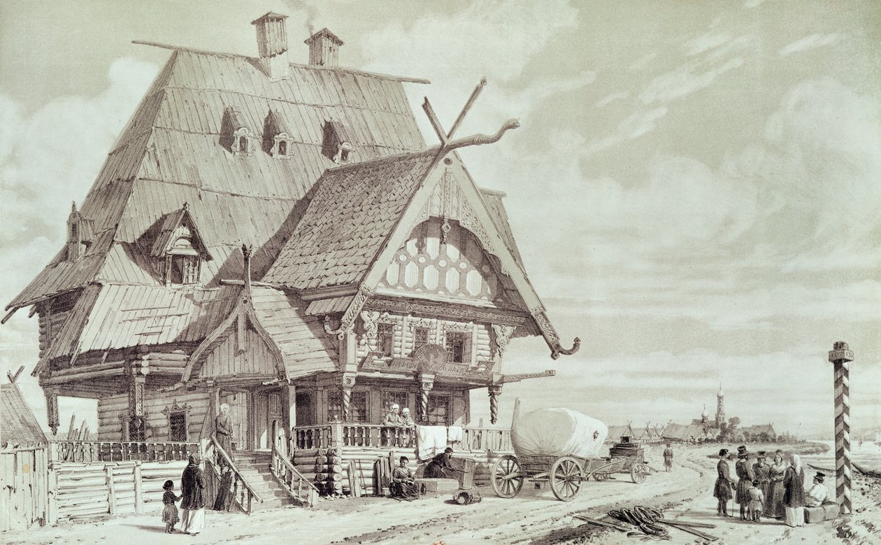 ホテルとゲストハウス、「ロシアへの絵のような旅」からのイラスト、1839 作： アンドレ・デュランド
