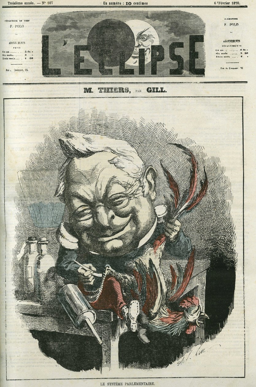 アドルフ・ティエール（1797-1877）、フランスの歴史家・政治家。2月6日付ジルの「日蝕」誌の表紙 作： アンドリュー・ギル