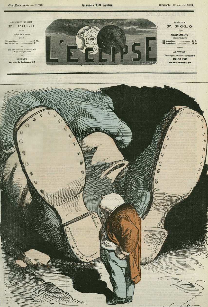 アドルフ・ティエール（1797-1877）、フランスの政治家。1月12日付ギル社「日蝕」誌の表紙 作： アンドリュー・ギル