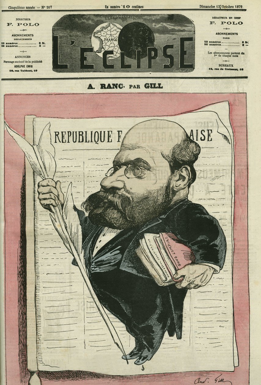 アルチュール・ランク（1831-1908）フランスのジャーナリスト、政治家。10月13日付のギル社「日蝕」の表紙 作： アンドリュー・ギル