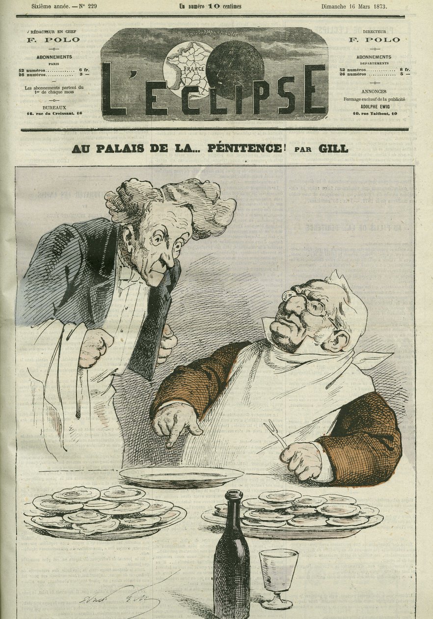 懺悔の宮殿にて、共和国大統領アドルフ・ティエール（1797-1877）の風刺画。3月16日付ジル社「L