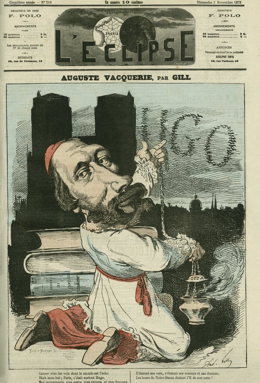 Auguste Vacquerie (1819-1895), フランスの詩人、劇作家、ジャーナリスト。11月3日付のギル社「日蝕」の表紙 作： アンドリュー・ギル