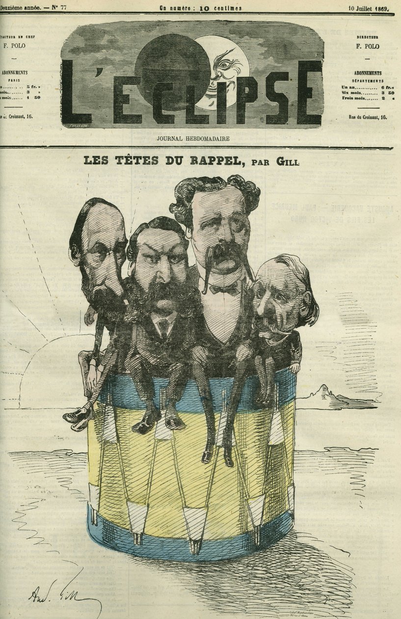 Auguste Vacquerie (1819-1895)、Victor Hugo (1802-1885)、Charles Hugo (1826-1871)、Paul Meurice (1818-1905)、フランスの文学者たち。7月10日付ギル社「日蝕」の表紙 作： アンドリュー・ギル
