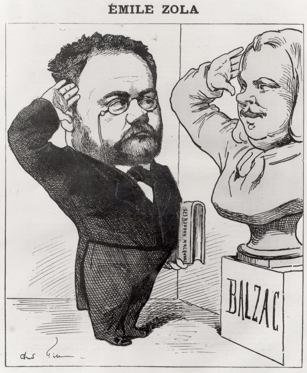 エミールゾラの風刺画（1840-1902）オノレデバルザックの胸像に敬礼（1799-1850）1878 作： アンドリュー・ギル