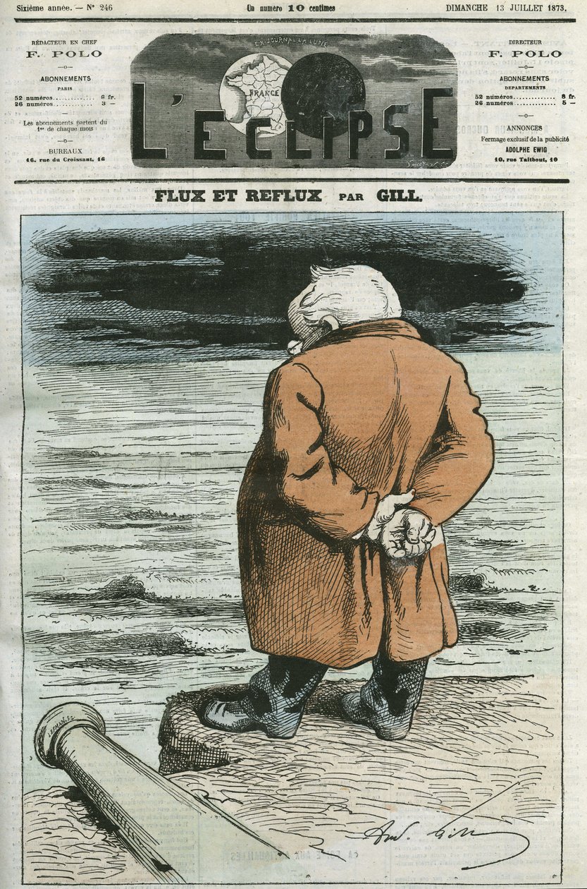 フランスの政治家Adolphe Thiers（1797-1877）の漫画。7月13日付ギル社「日食」の表紙 作： アンドリュー・ギル
