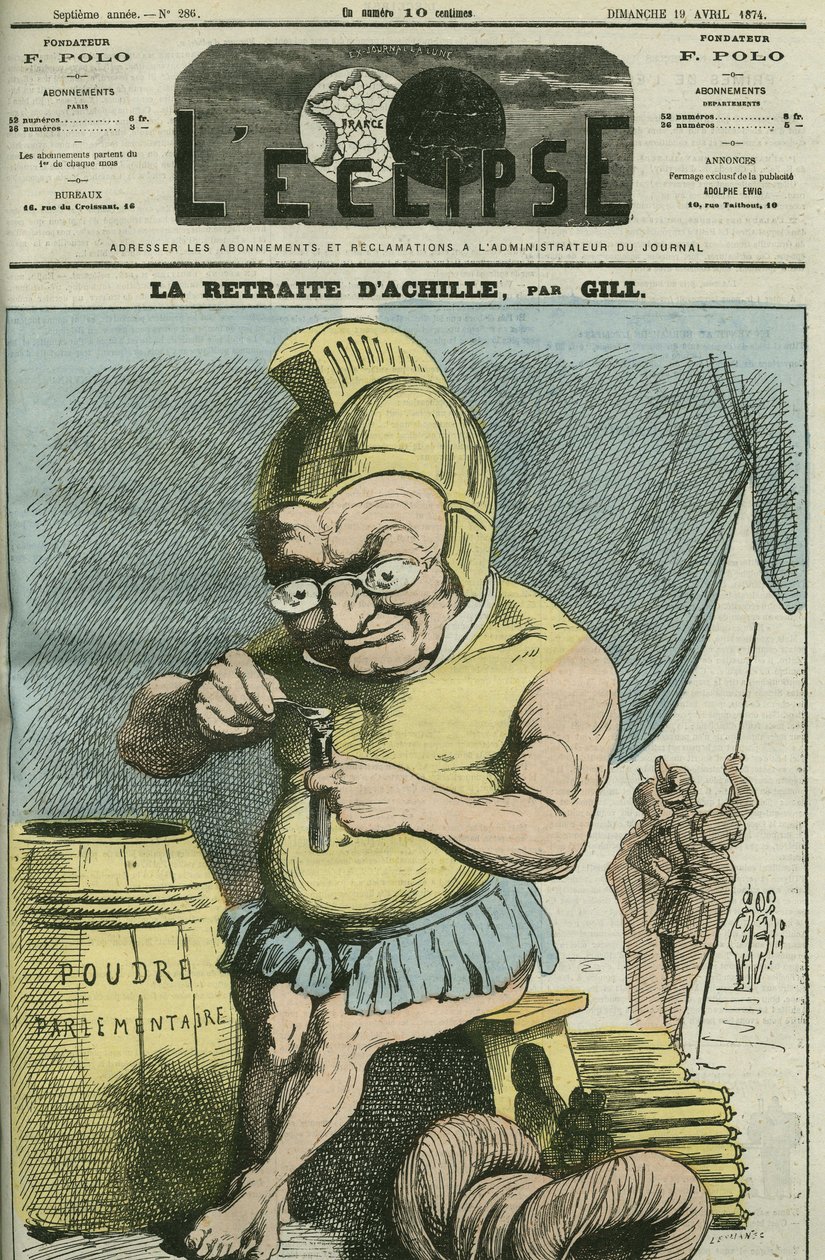 フランスの政治家、アドルフ・ティエール（1797-1877）の漫画。4月19日付ギル社「日蝕」の表紙 作： アンドリュー・ギル