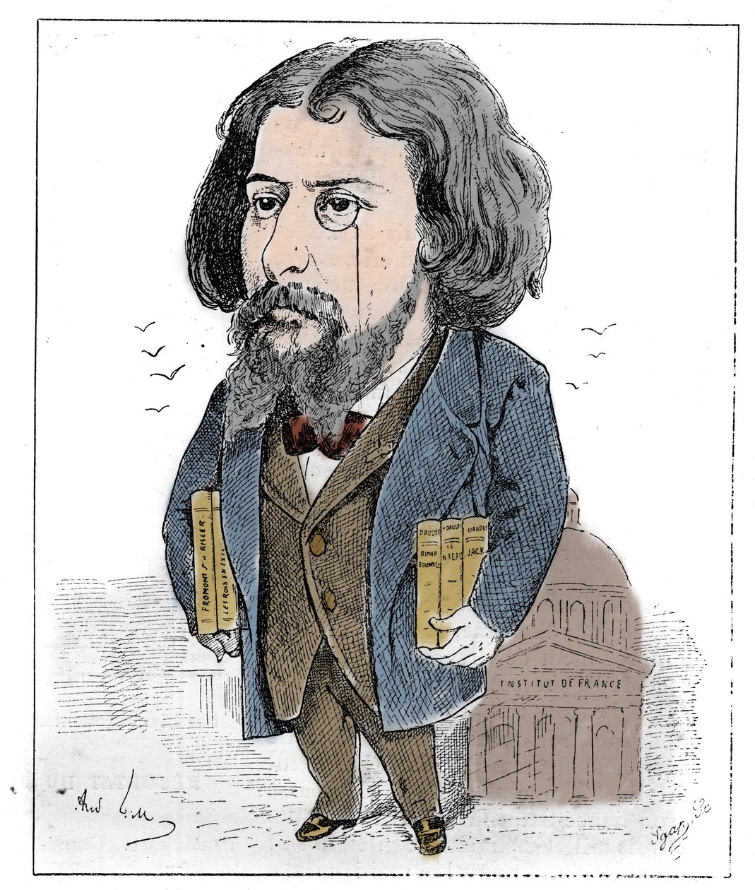 フランスの作家、アルフォンス・ドーデ（1840-1897）がパリのフランス学士院の前で本と単眼鏡を持っている様子を描いた漫画。アンドレ・ギルが描いたもの。Le Monde Illustré "に掲載された版画。 作： アンドリュー・ギル