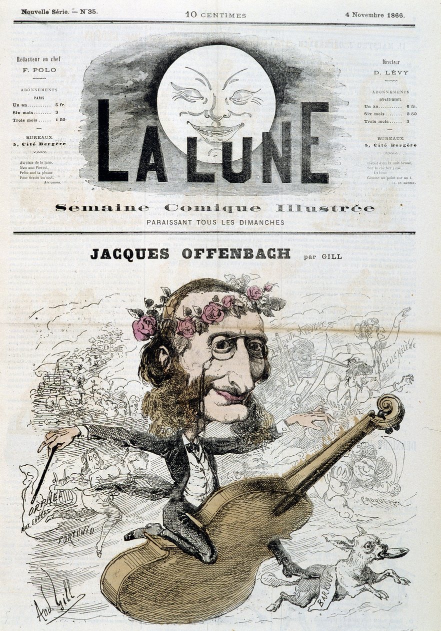 ジャック・オッフェンバック(1819-1880)がバイオリンに乗っている漫画 - 1866年11月04日付「La Lune」でギルが掲載 作： アンドリュー・ギル