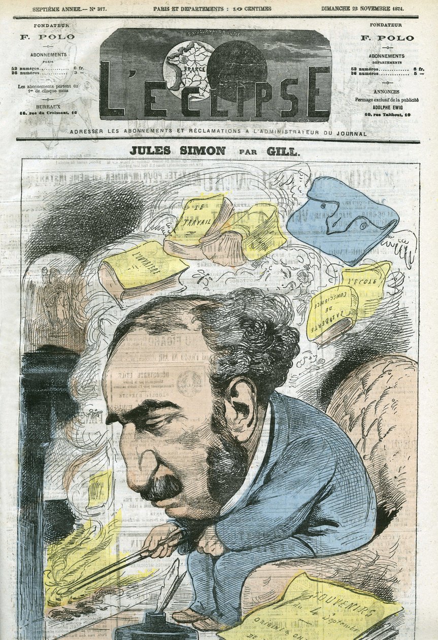 政治家、哲学史家、哲学者、フランスのエッセイストであるジュール・シモン（1814-1896）の漫画。ギル社「日食」11月22日号の表紙 作： アンドリュー・ギル