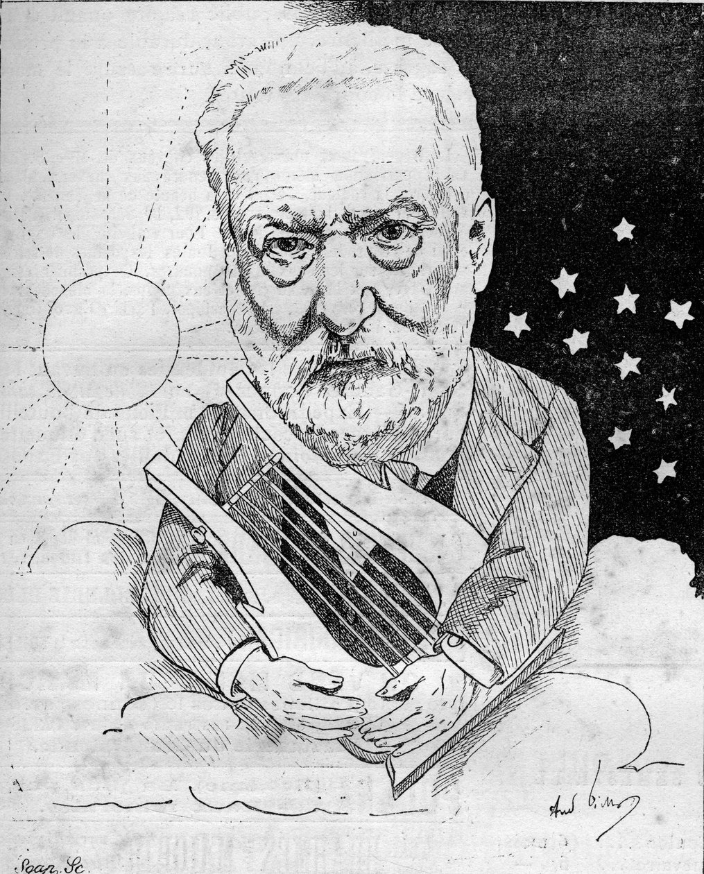 フランスの作家、ヴィクトル・ユーゴー（1802-1885）が、昼と夜の間の空に浮かぶ雲の上に竪琴を置いて描いた漫画。アンドレ・ギルが描いたもの。Le Monde Illustré "に掲載された版画。 作： アンドリュー・ギル