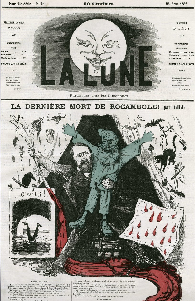 ロカモーレの最後の死」とその作者であるPierre Alexis Ponson du Terrail（1829-1871）の漫画。ギルの漫画（『月』8月26日付 作： アンドリュー・ギル