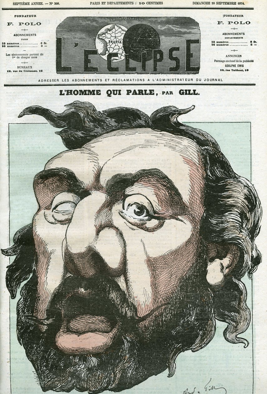 フランスの政治家、レオン・ガンベッタ（1838-1882）の「語る人」の漫画。9月20日付ギル社「日蝕」表紙 作： アンドリュー・ギル