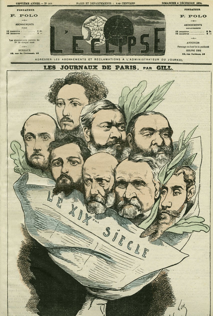 フランスの文学者エドモン・アバウト(1828-?)が監督した新聞「Le XIXe siècle」のチームの漫画。12月6日付ジルの「日蝕」の表紙 作： アンドリュー・ギル