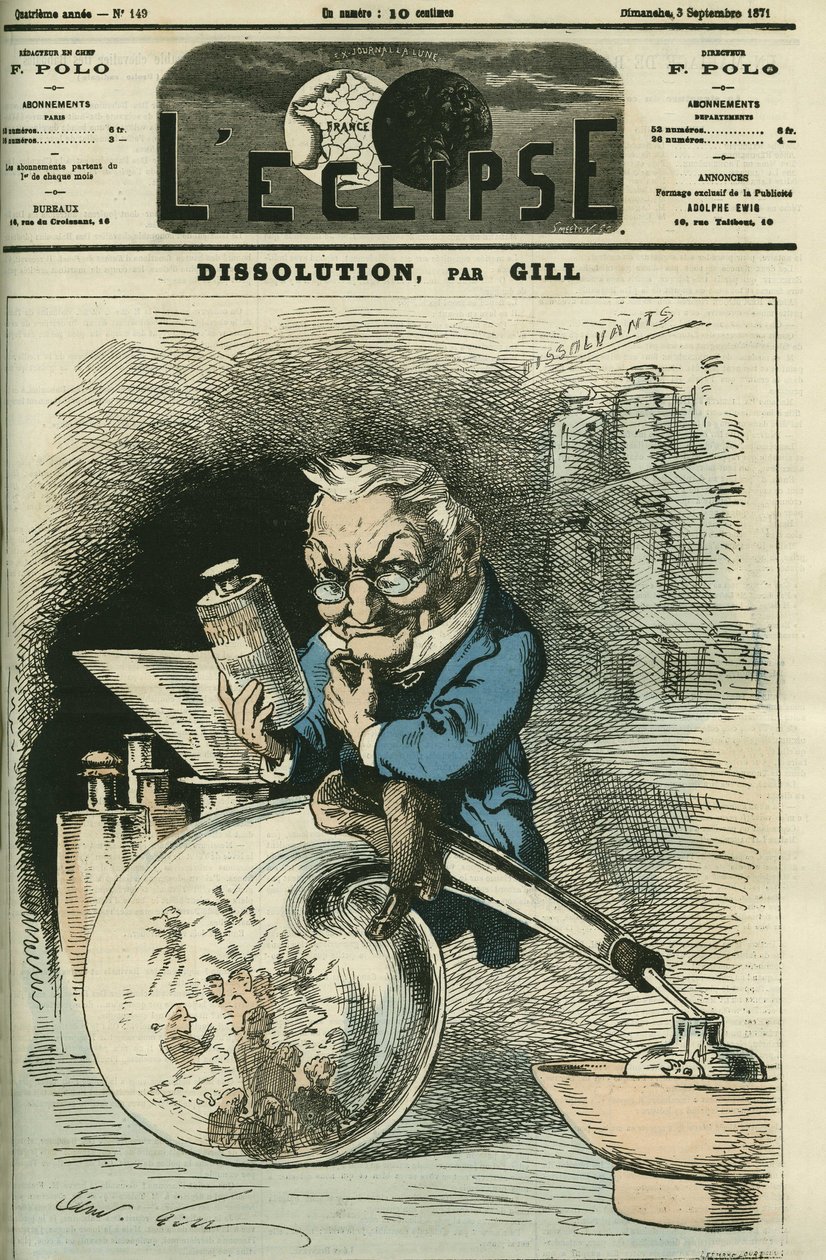 解散、歴史家で共和国大統領のアドルフ・ティエール（1797-1877）。9月3日付ギル社「L