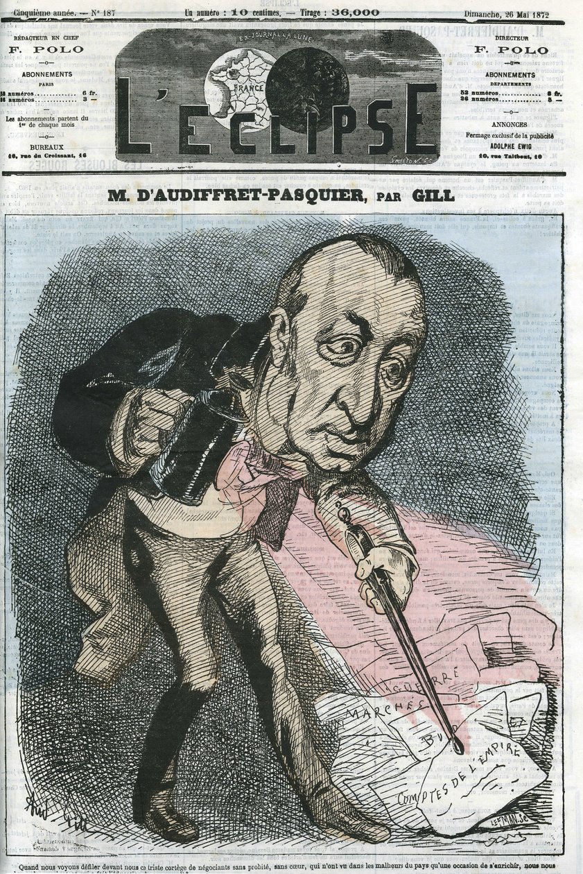 オーディフレット・パスキエ公爵エドム・アルマン・ガストン（1823-1905）、フランスの政治家。5月26日付ジルの「日蝕」での表紙 作： アンドリュー・ギル