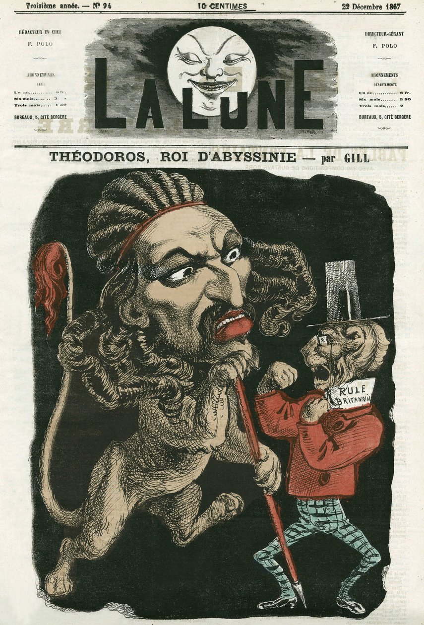 アビシニアの王テオドロス」のイラスト。1867年12月22日の「La Lune」に掲載されたギルの漫画。 作： アンドリュー・ギル