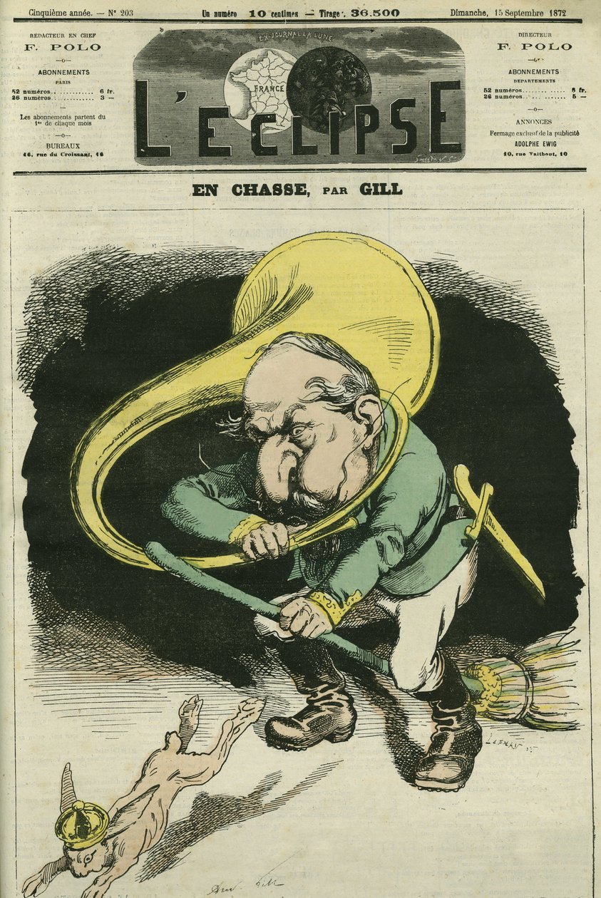 ハンティングをしているのは、1848年に共和国大統領、1852年から1871年までフランス皇帝を務めたルイ＝ナポレオン・ボナパルト（1808-1873）です。9月15日付ギル社「L