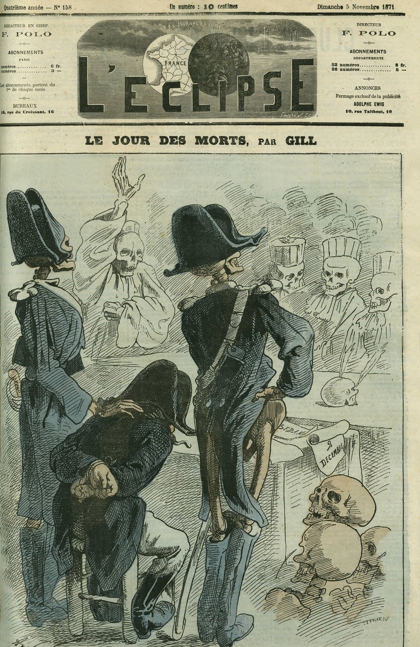 死者の日、ナポレオン3世（1808-1873）はセダンの敗北のために骸骨の集合体の前で裁かれた。11月5日付ギル社「日蝕」の表紙 作： アンドリュー・ギル